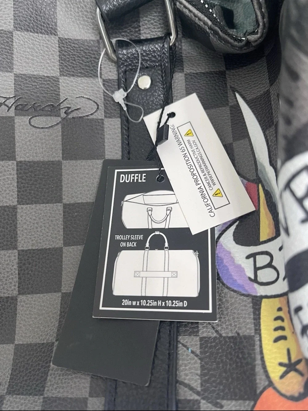 Ed Hardy Black & Gray Checkered Duffel with Colorful Eagle Heart Graphic